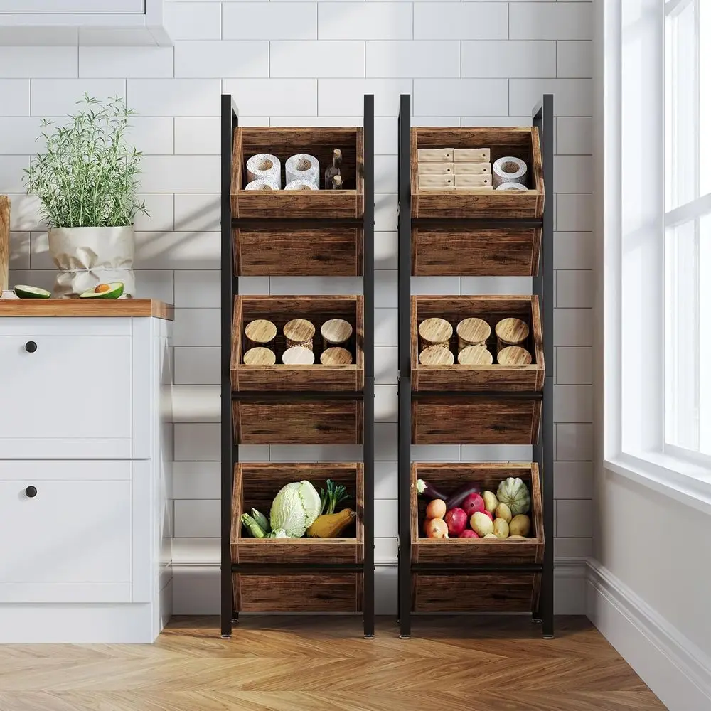 Rustic 3-Tier Wooden Floor Stand Organizer, Storage Rack for Kitchen, Bathroom, Living Room (Rustic Brown)