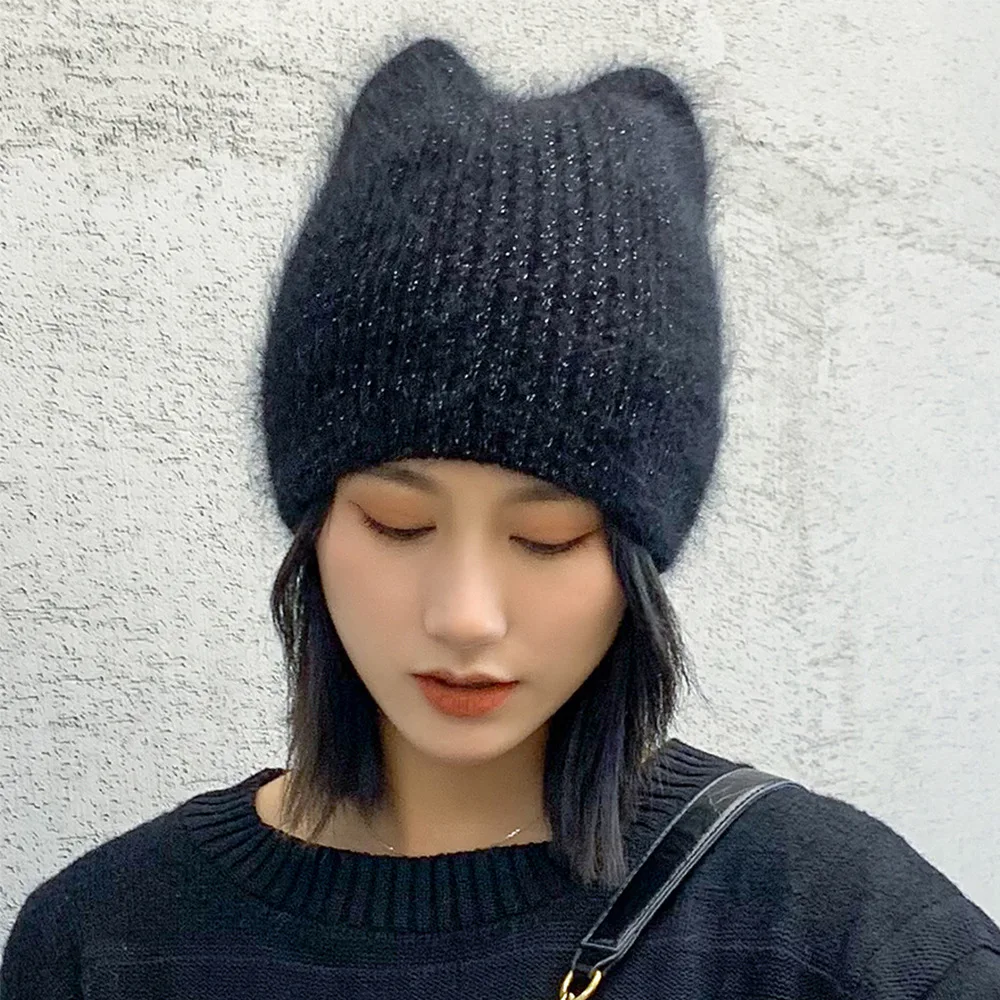 New 7 Colorways Rabbit Fur Cat Ears With Lurex Woman Winter Hat Solid Color Autumn Beanies Warm Bonnet Skullies Gift Wholesales