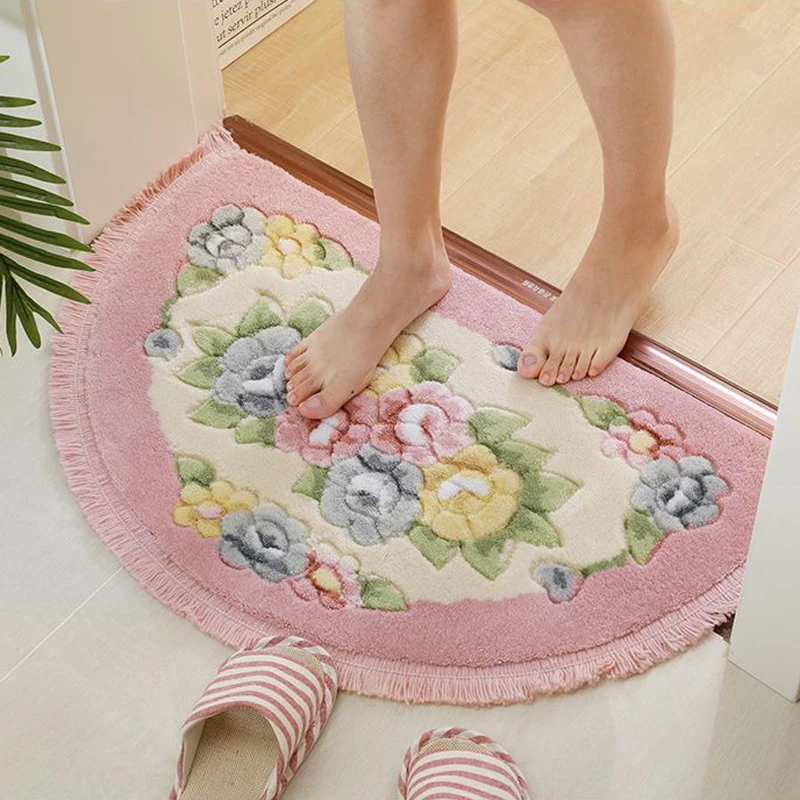 Flower Pattern Semicircular Floor Mat Dining Room Living Room Decorative Carpet Toilet Non-slip Mat Kitchen Absorbent Pad