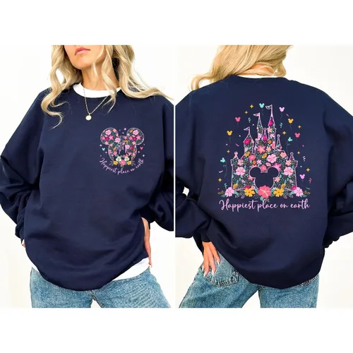 Sudadera de castillo mágico de Disney, sudadera del lugar más feliz en la tierra, sudadera floral de Castillo de Disney, sudadera con capucha de Mickey y Minnie