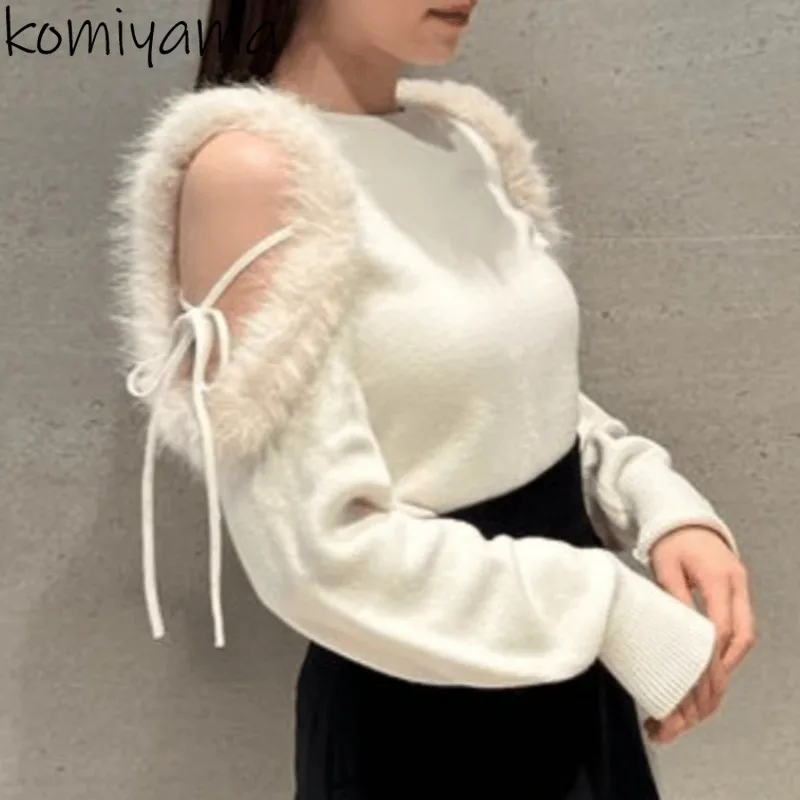 Fur Off Shoulder Bandage Ropa Mujer Round Neck 2025 Woman Sweater Gentle Outerwears Japan Clothes Women Autumn New Pullovers