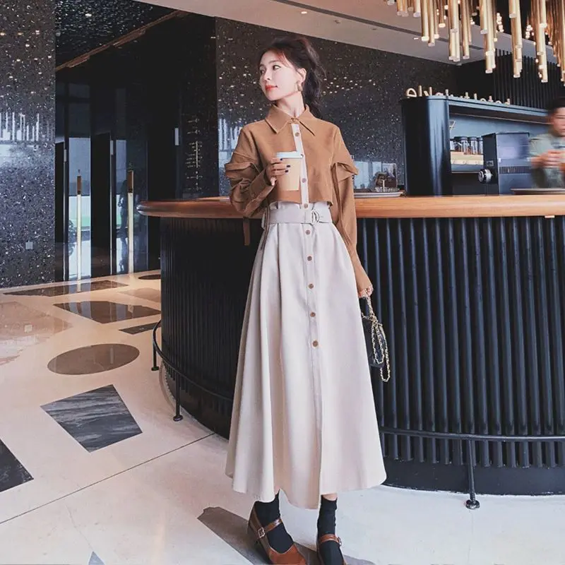 French Minority Fake Two-piece Dresses Women Autumn 2021 New Fashion Design Sense Dress Contrast Color Shirt Long Skirt Jumpsuit