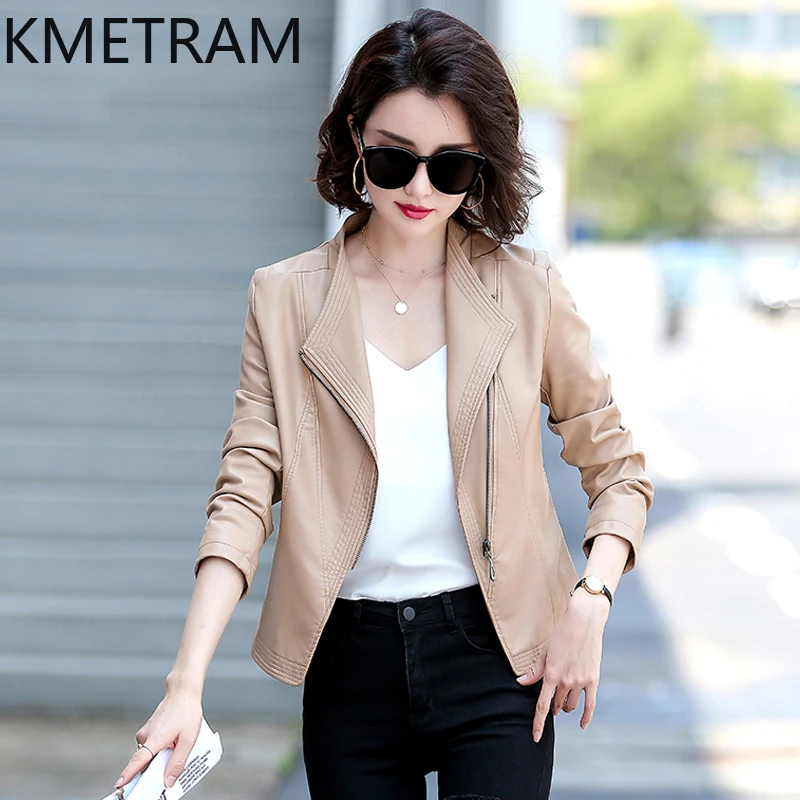 KMETRAM-Chaqueta de piel de oveja auténtica para Mujer, abrigo ajustado de talla grande, ropa corta para primavera y otoño