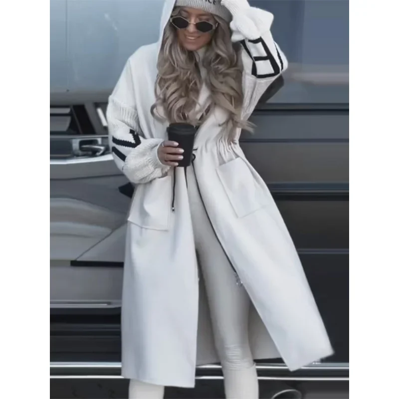 

Women‘s Spliced Hooded Jacket, Long Casual Coat for Autumn Winter, New Euro American Fashion, Loose Fit Outerwear