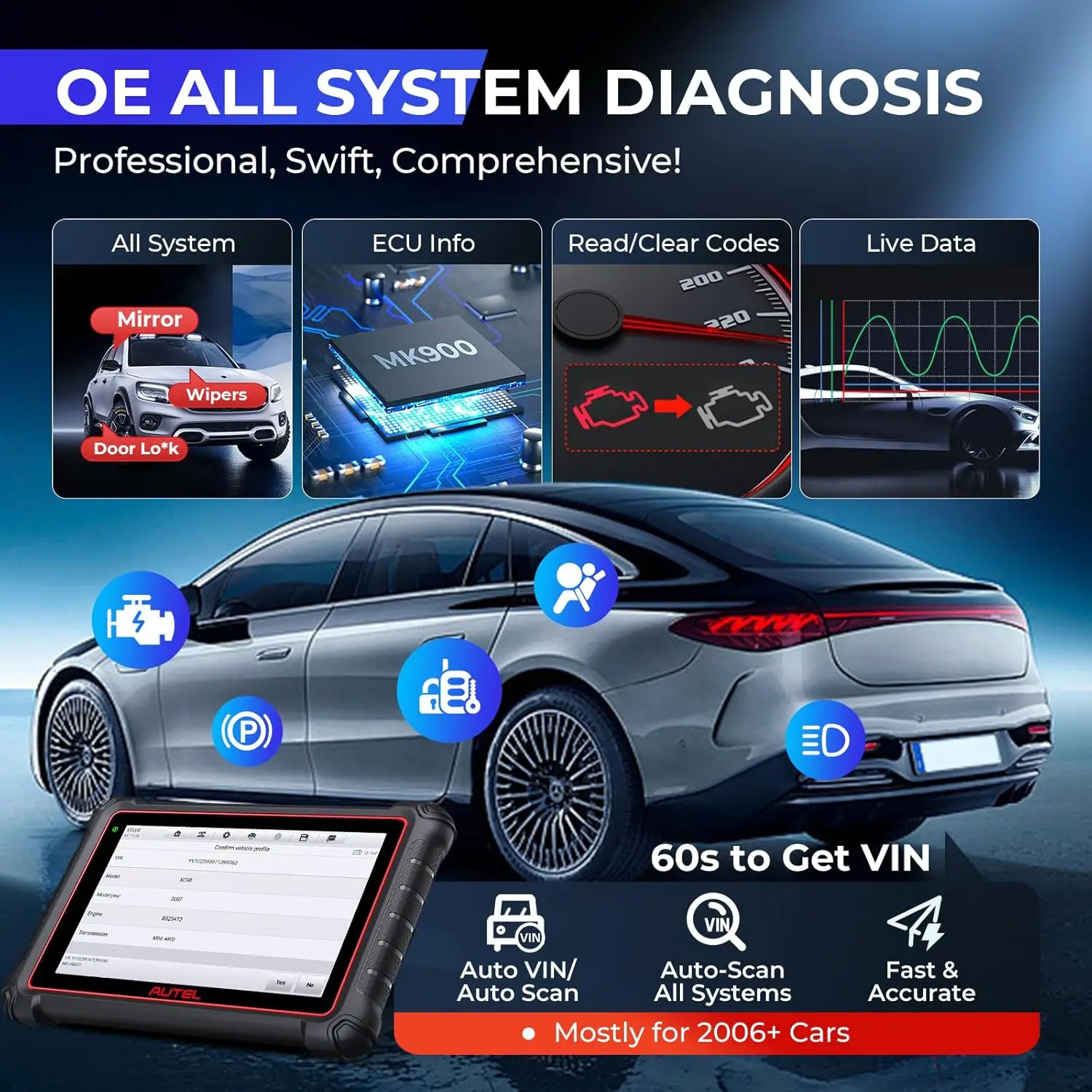 Autel MaxiCOM MK900 Diagnostic Scan Tool All System Active Test OBDII Scanner DoIP CAN FD FCA Autoauth SGW Update of MK808BT PRO view 5