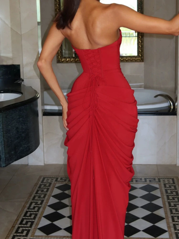 New strapless fishbone pleated slit long dress with slim fit, sexy and slim fit, sexy backless one neck evening gown
