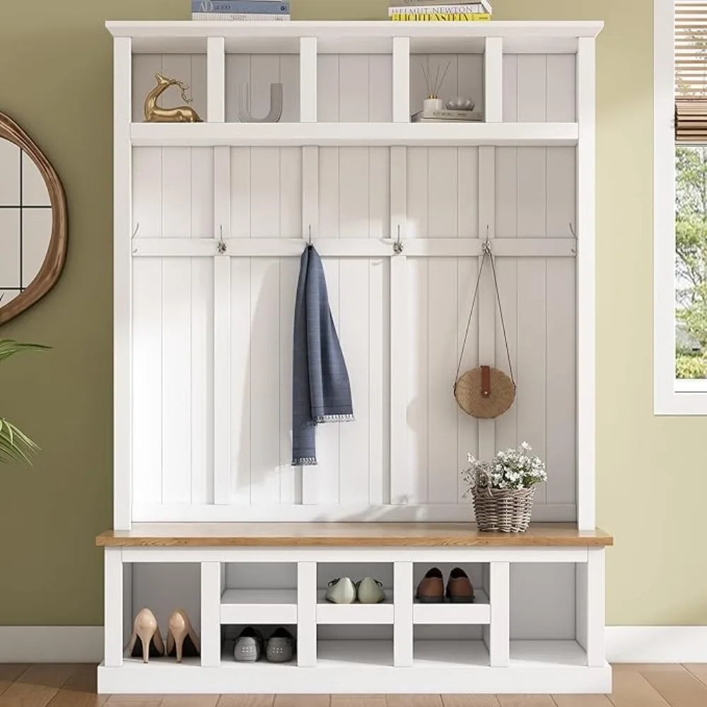 

armhouse Wooden Style 78''H Hall Tree with Wide Storage Seating Bench, Entryway Shoe Cabinet with 13 Comparents, Elegant Coat Ra