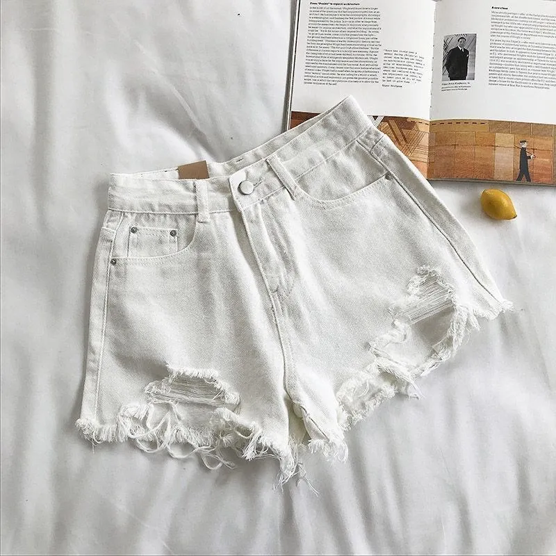 Cowboy Shorts Women's Summer Korean High Waist Casual Blue Denim Shorts Pocket Tassel Perforated Fashion Shorts Y2K Female Jeans