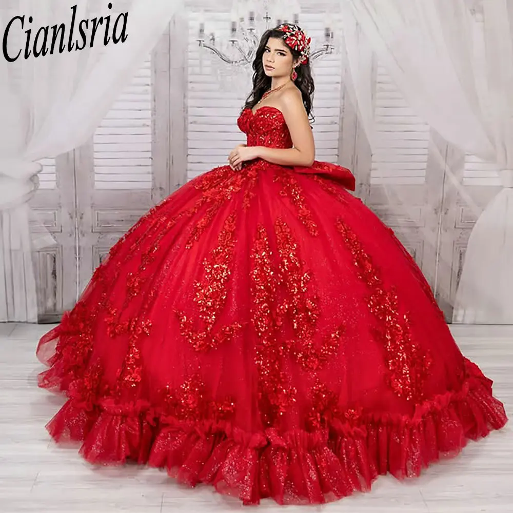

Красное милое платье Quinceanera без рукавов с бантом, бальное платье с блестками и аппликациями, кружевные складки, сладкое 15-е годы, мексиканское индивидуальное платье