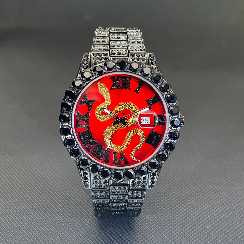 MISSFOX Hip Hop Men Watches Luxury Quartz Movement Black Wristwatch Year Of Snake Diamond Ice Out Watch For Man Gift Hot Sale