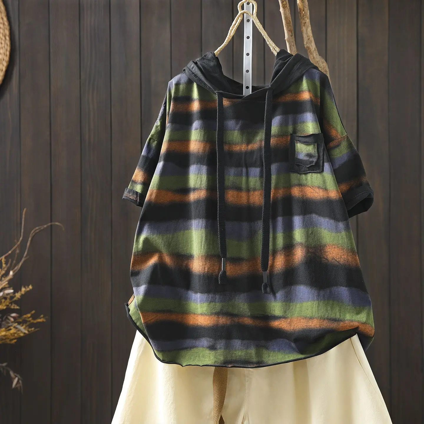 2026 Summer New Women's T-shirt Loose Stripe Hooded Casual Top
