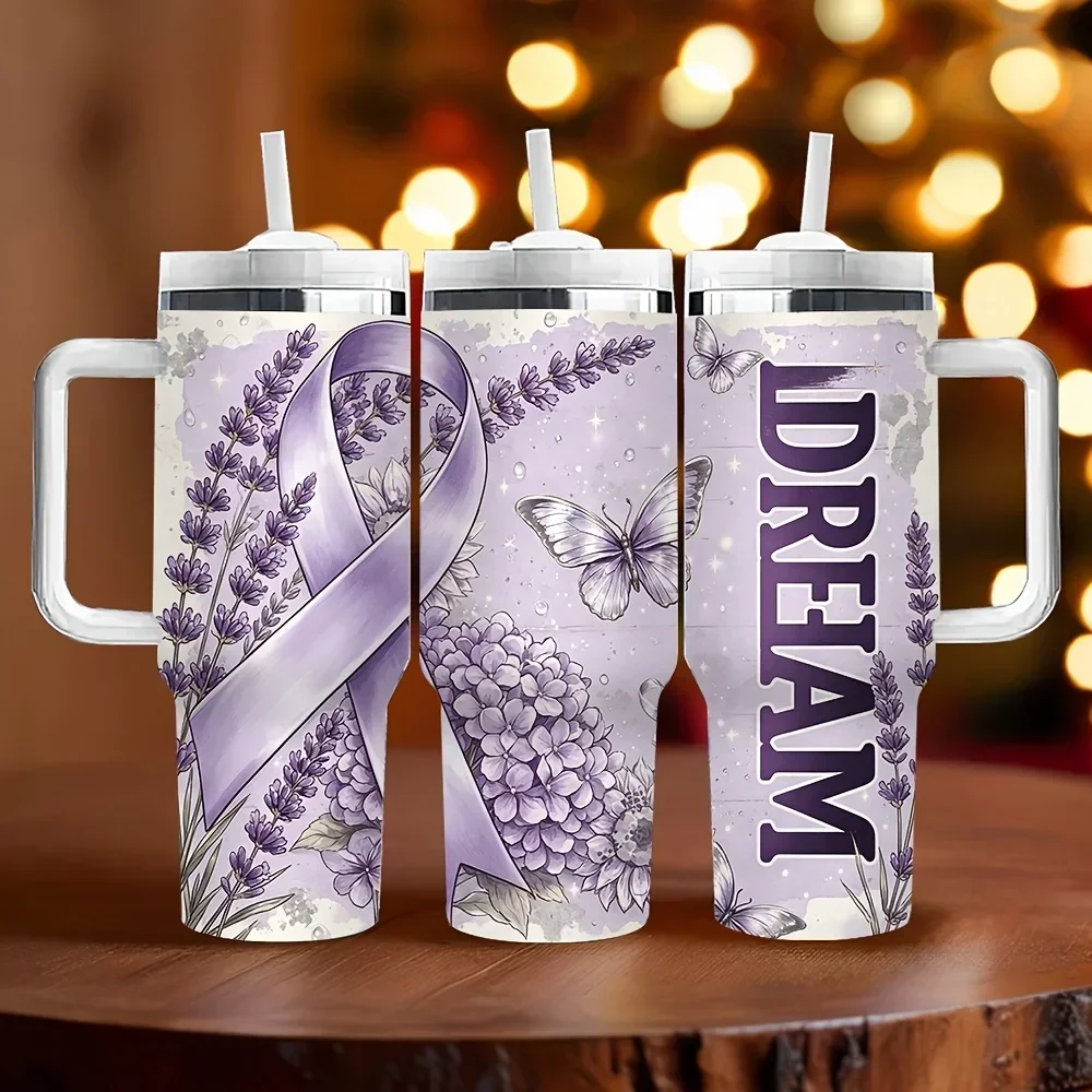 40oz Insulated Tumbler with Handle, Printed with Lavender Purple Ribbon Butterfly Dream Pattern, Perfect Holiday Birthday Gift, Suitable for Daily Use And Outdoor Travel, Features Long Lasting Heat Preservation