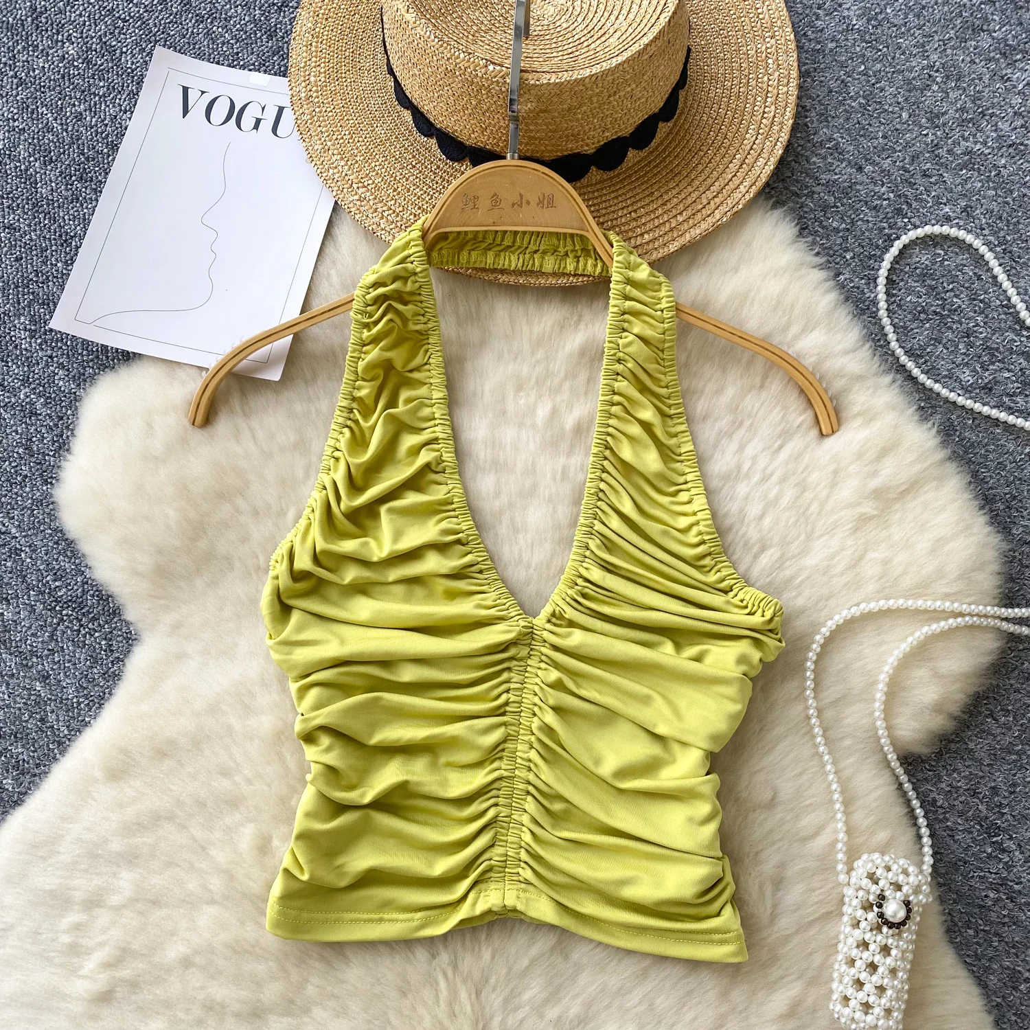 Lady Ins Chic Halter Open Back Tops Shirts Women Summer Ruched V Neck Trendy Crop Tops Camis Tanks Green Fashion Low Cutout Tops