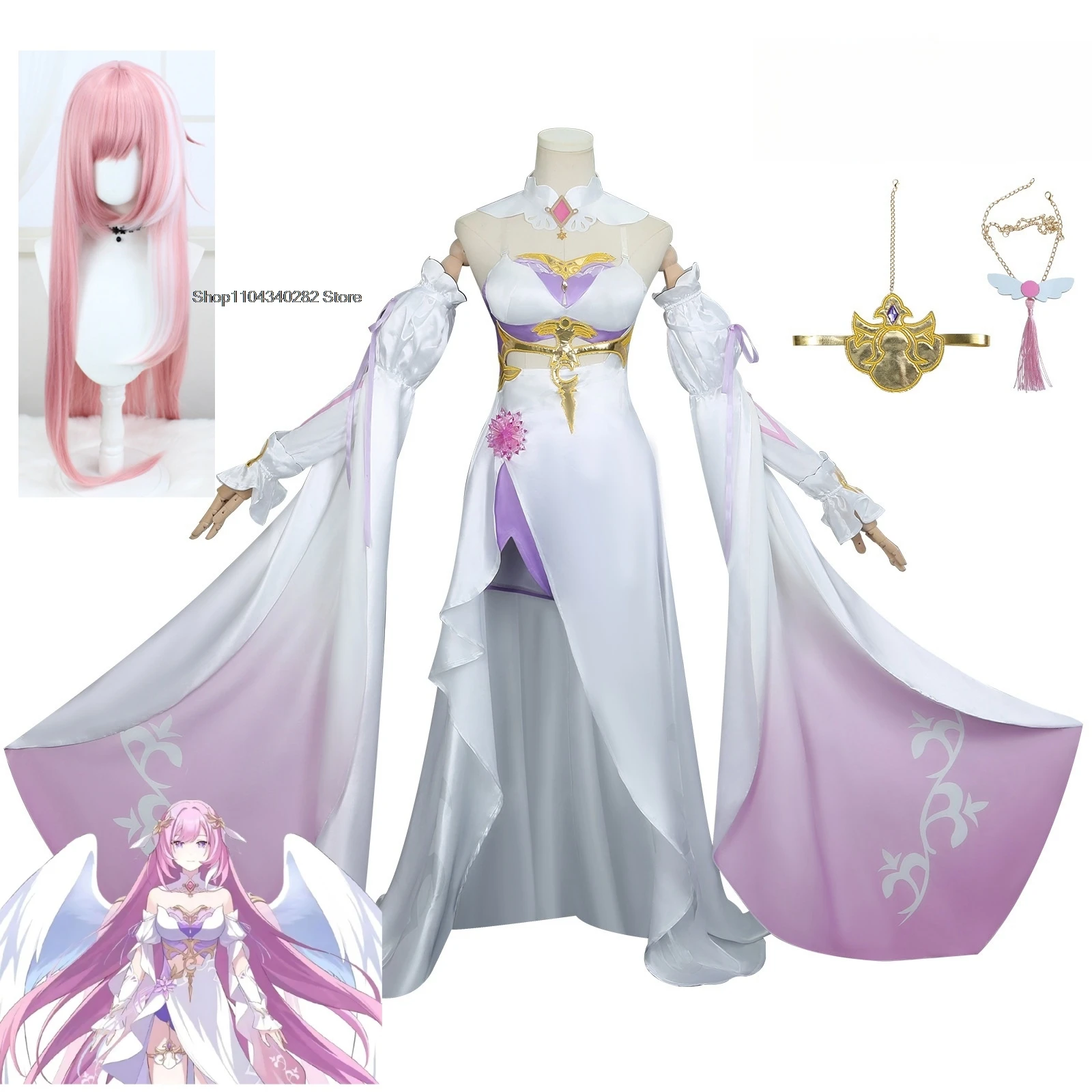 Juego de Anime Honkai Impact 3 Cosplay disfraz de Elysia Angel Returns polvo blanco vestido de noche peluca mujer traje personalizado de Navidad