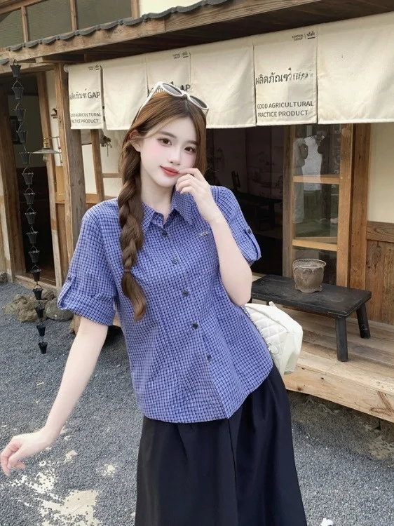 

plus Size Women's Summer Shirt Short Sleeve High Waist Skirt Set Collar School Style Fashion Commute Loose Fit Kore...