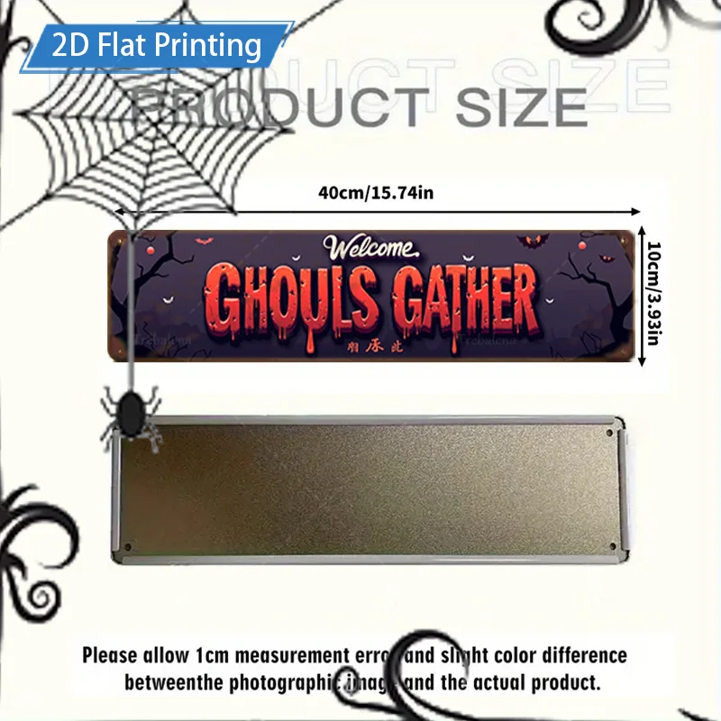 Targa in metallo da 1 pezzo, cartello di Halloween "Ghouls Gather" da 4x16 pollici, stampa piatta 2D, decorazione di zucca e pipistrello spettrale per la festa