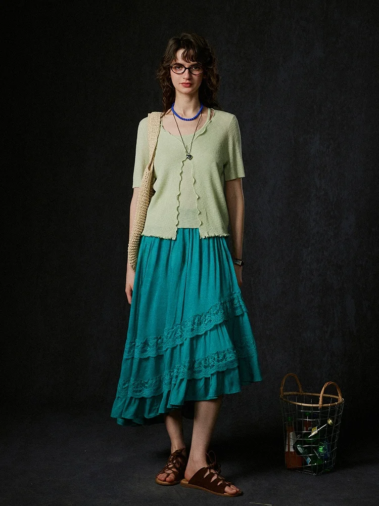 LITLECOT Green Knitted Cardigan Vest Short Sleeve Women's Two-Piece Set Summer New Style Retro Commute Slim Fit Chinese Origin view 5