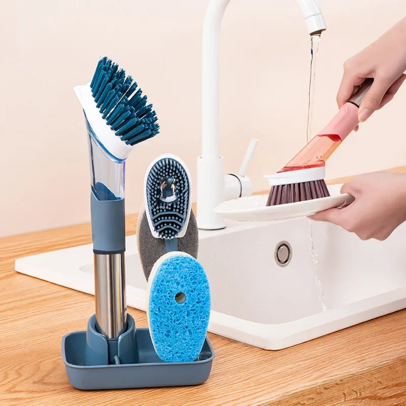 

Kitchen Cleaning Brush Long Handle Dishwashing Brush Removable Sponge Brush Automatic Liquid Dispenser 3 In 1 Kitchen Gadgets