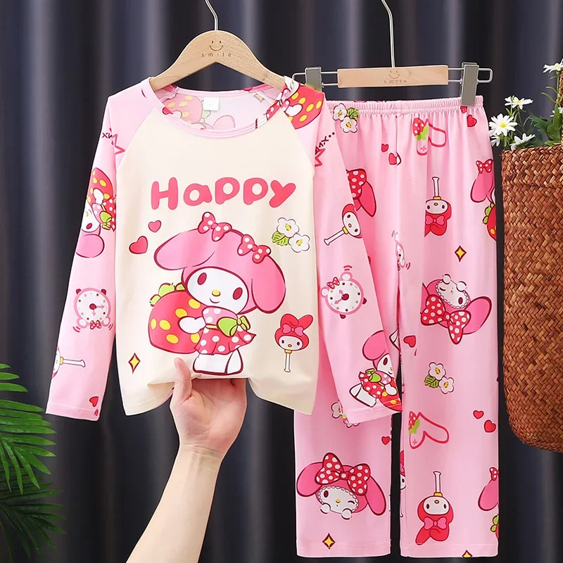 Anime Sanrios Child Pajamas Suit Long-Sleeved Cartoon Cinnamoroll Home Clothes Kuromi Autumn Winter Cute Kids Sleepwear Clothes