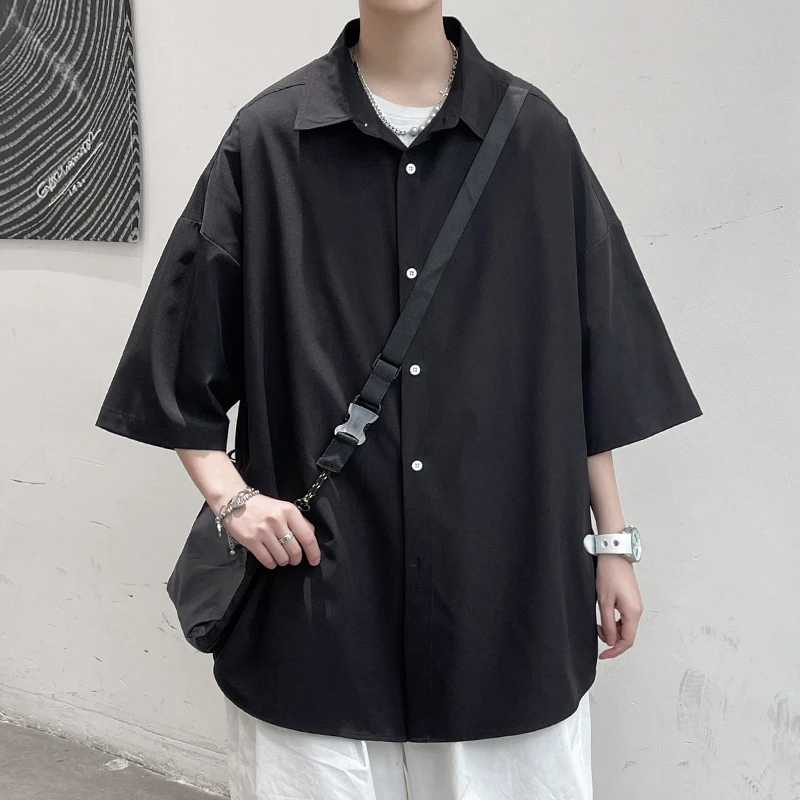 Summer Ice Silk Solid Shirts For Men Clothing Korean Style Mens Streetwear Shirt Classic Basic Short Sleeve Blouse Men