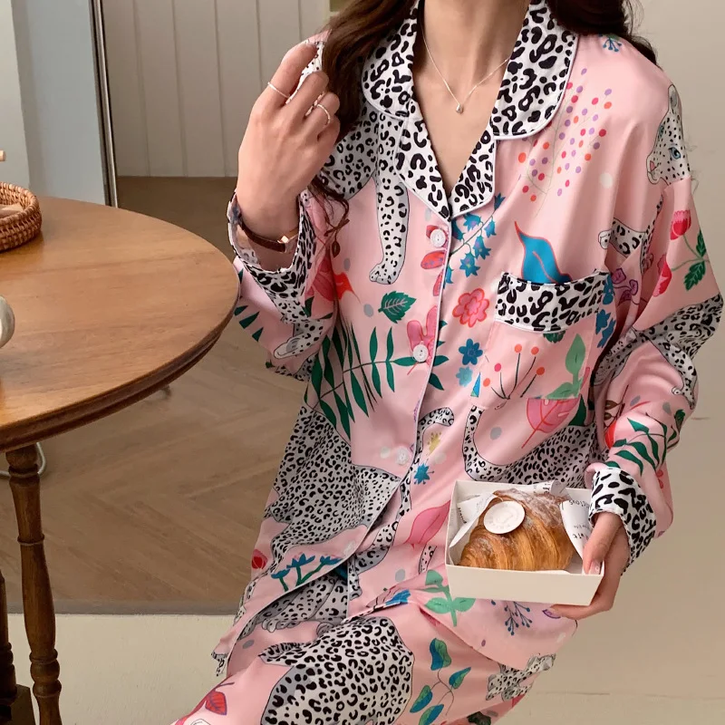 Cartoon Spotted Leopard Print Women Two-piece Pajamas Faux Silk Satin Cool Lady Sleepwear New Classic Pyjamas Female Housewear