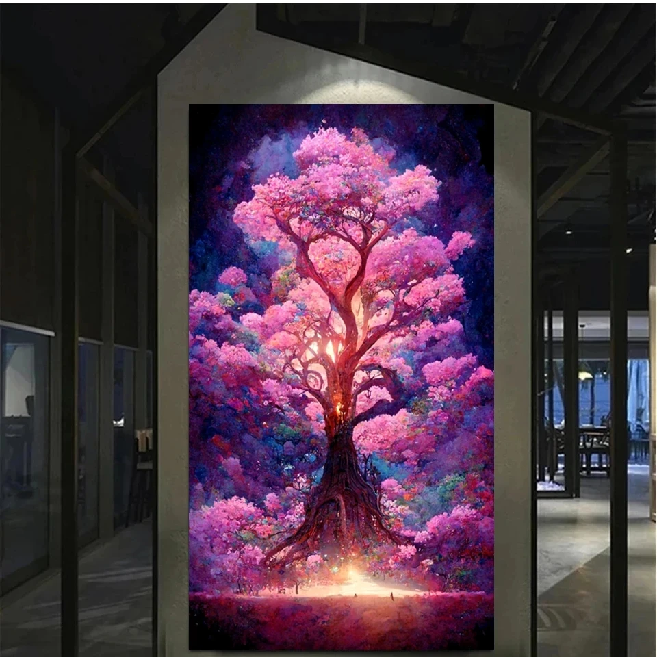 Large DIY Diamond Painting Pink Tree Landscape Full Square Round Rhinestone Mosaic 5D Embroidery Cross Stitch Home Decor Y1186