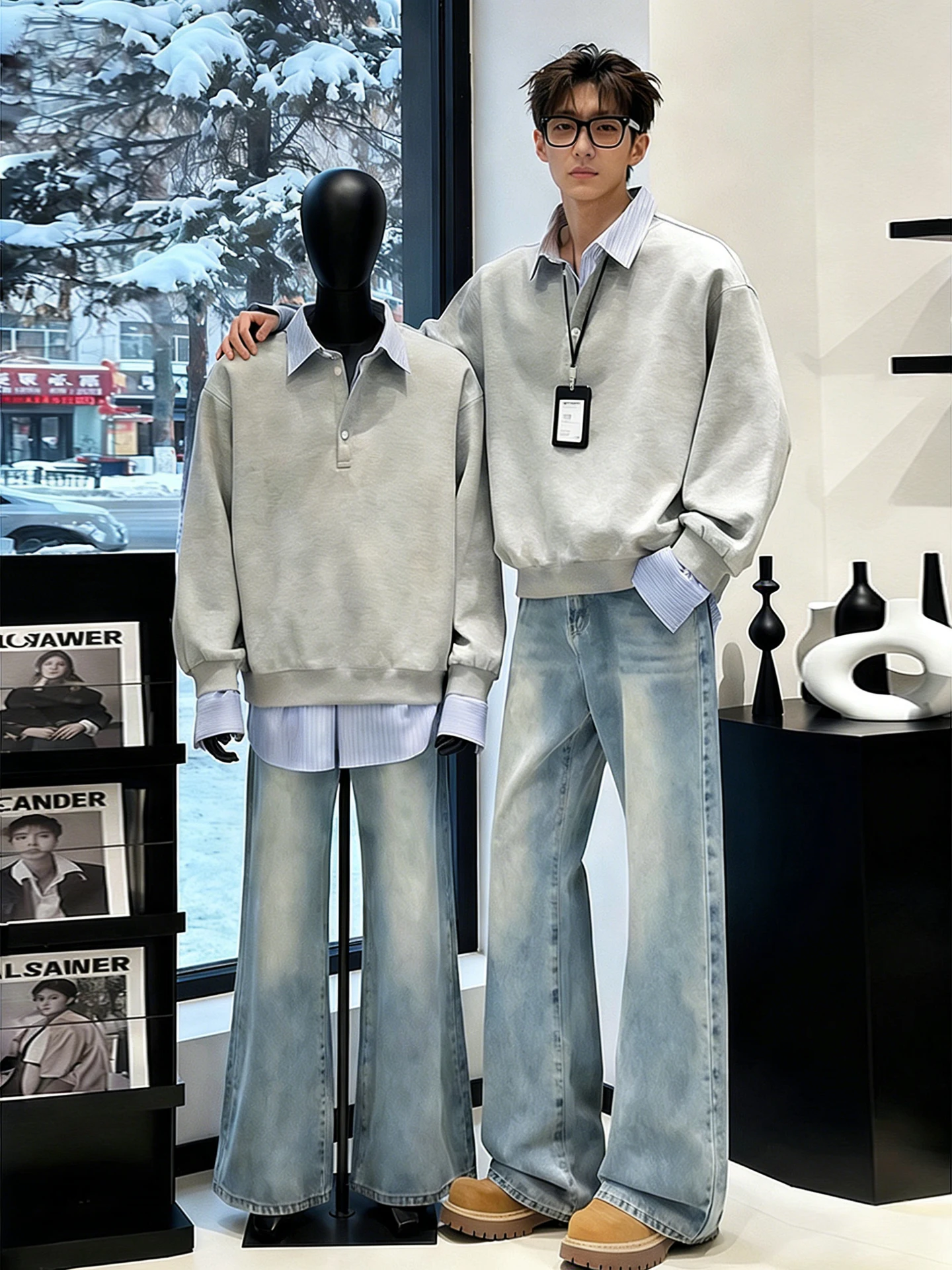 

Мужские джинсы-клеш в американском ретро-стиле, прямые леггинсы, удлиненные, облегающие, для осени и зимы, с высокой талией, повседневные, молодежные