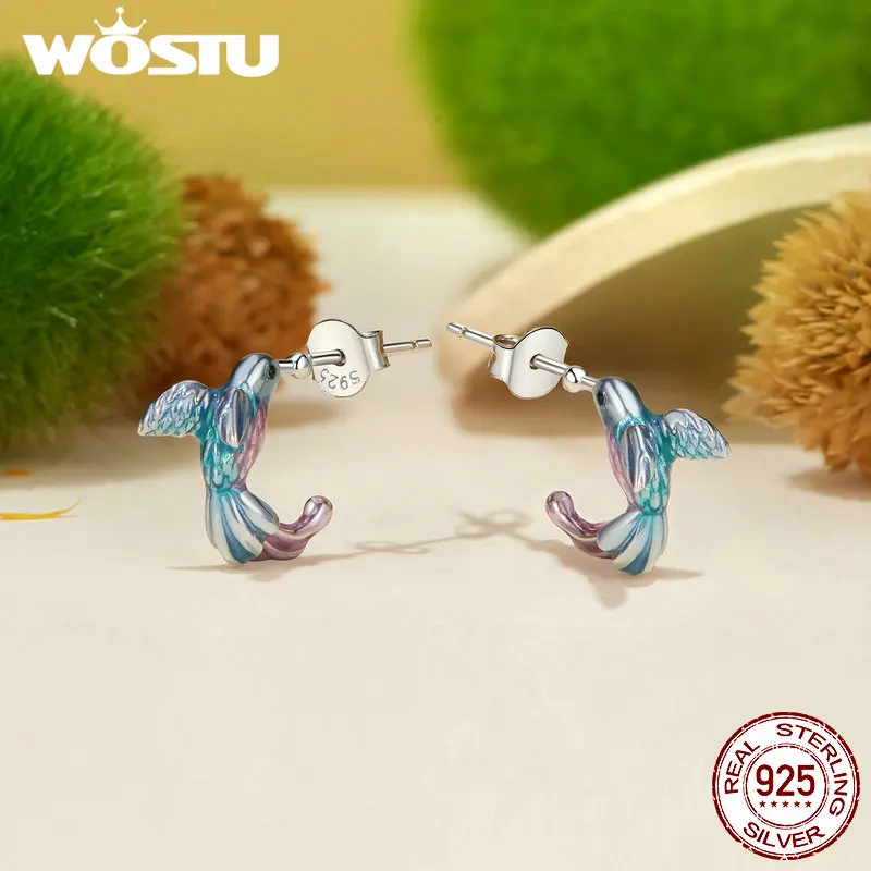 WOSTU Authentic 925 Sterling Silver Kingfisher Earrings Bird Ear Buckle Plated White Gold for Women Fine Jewelry Party Gift