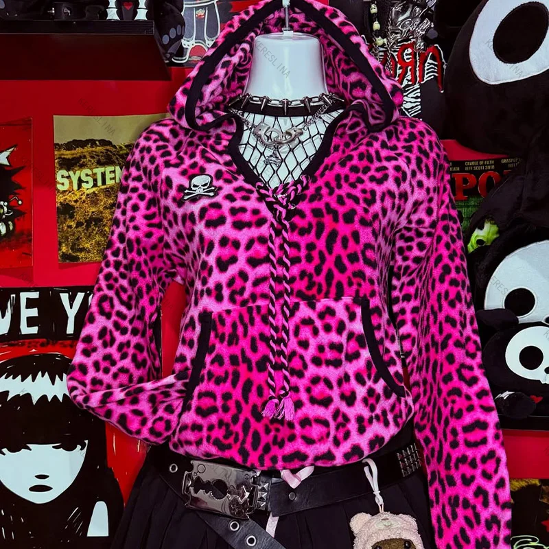 

Y2k Millennial style leopard print Skull hoodie Goth retro style High Street Harajuku Hoodie Sweetheart Spice Streetwear hoodie