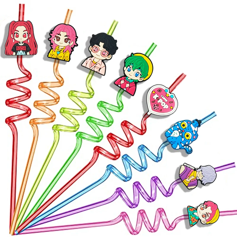 

Kpop Demon Hunters Reusable Drinking Straws Birthday Party Favor Supplies Baby Showe Juice Curved Straws Christmas Supplies Gift