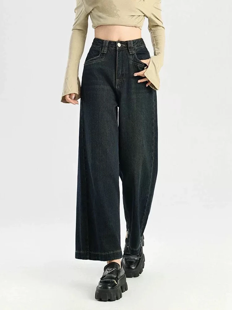 Y2K Retro Blue Wide Leg Jeans Women Smoke Tube Loose Straight Leg Small Nine Cent Grandma Pants Autumn New Style