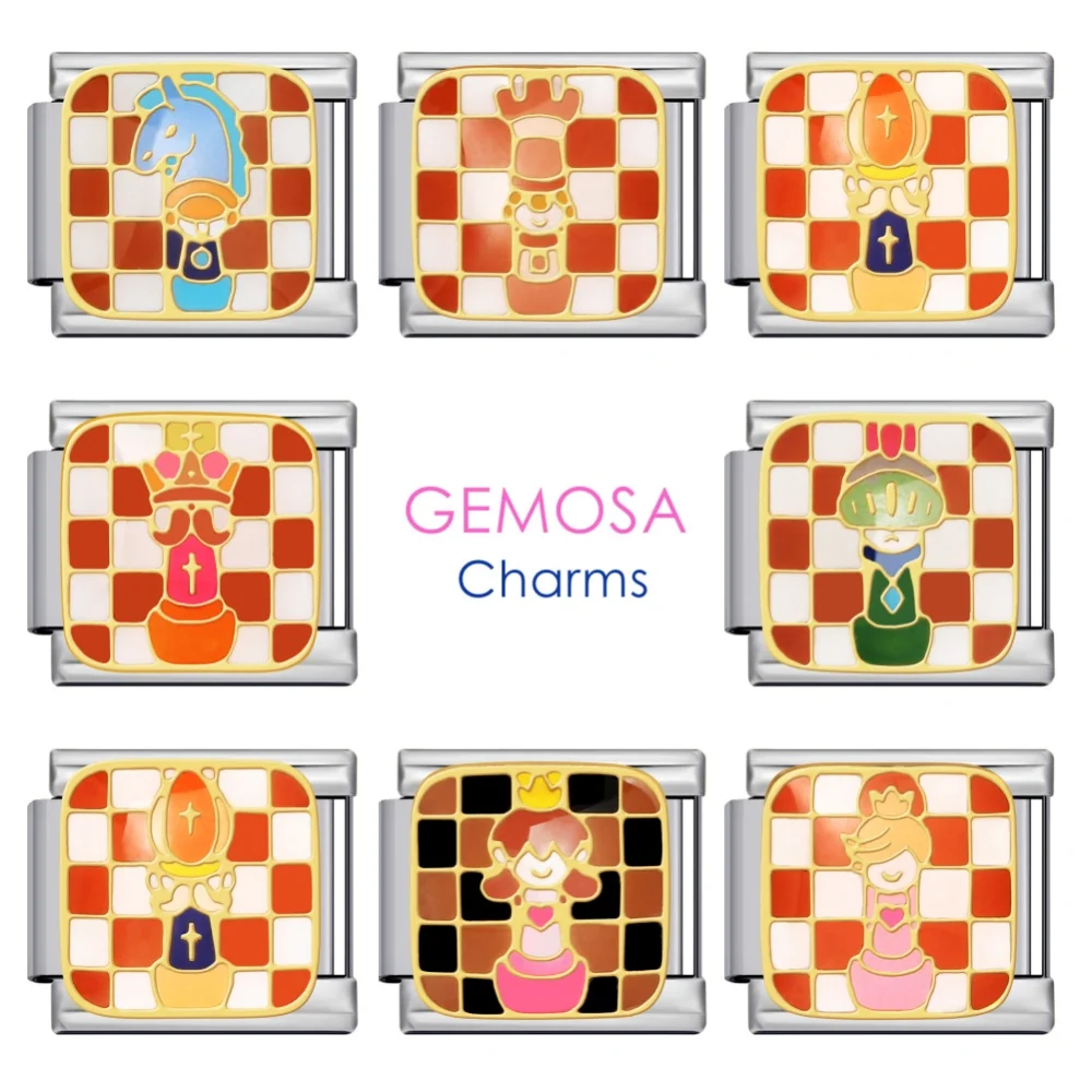 GEMOSA Design International Chess Stainless Steel Charms Italian Link Fit 9mm Bracelets Making DIY Colorful Jewelry Accessories