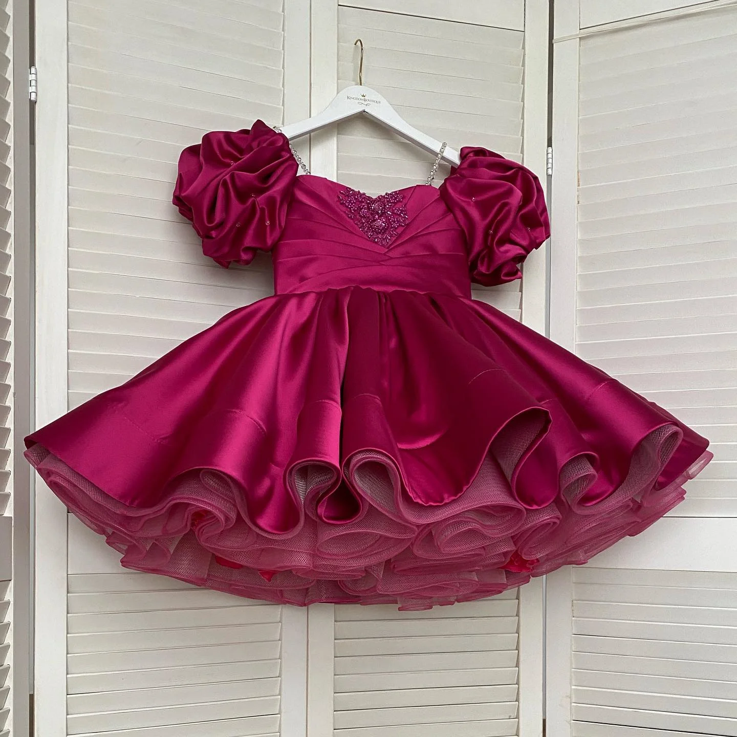 

Flower Girl Dress Rose Red Satin For Wedding Beading Applique With Bow Puffy Child's First Eucharistic Birthday Party Dress