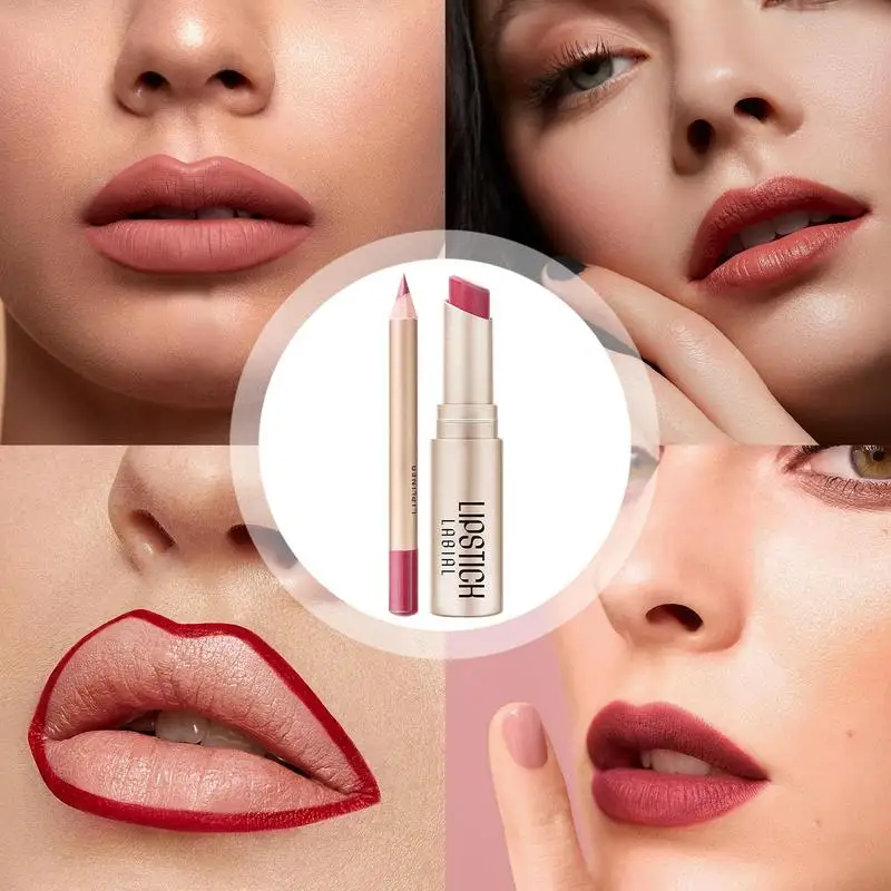 Lipliner และชุดลิปสติก Waterproof Matte Lip Liner ดินสอชุดสีสูง Non-stick Cup Lip Pencil Liner สําหรับสาวผู้หญิง