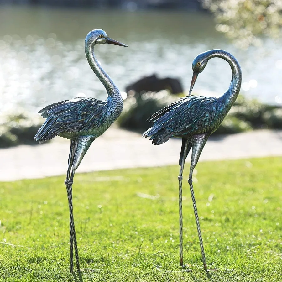 

Garden Crane Statue for Outdoor Blue Heron Decoy Garden Sculptures and Statues Metal Bird Yard Art for Lawn Patio Decor Set of