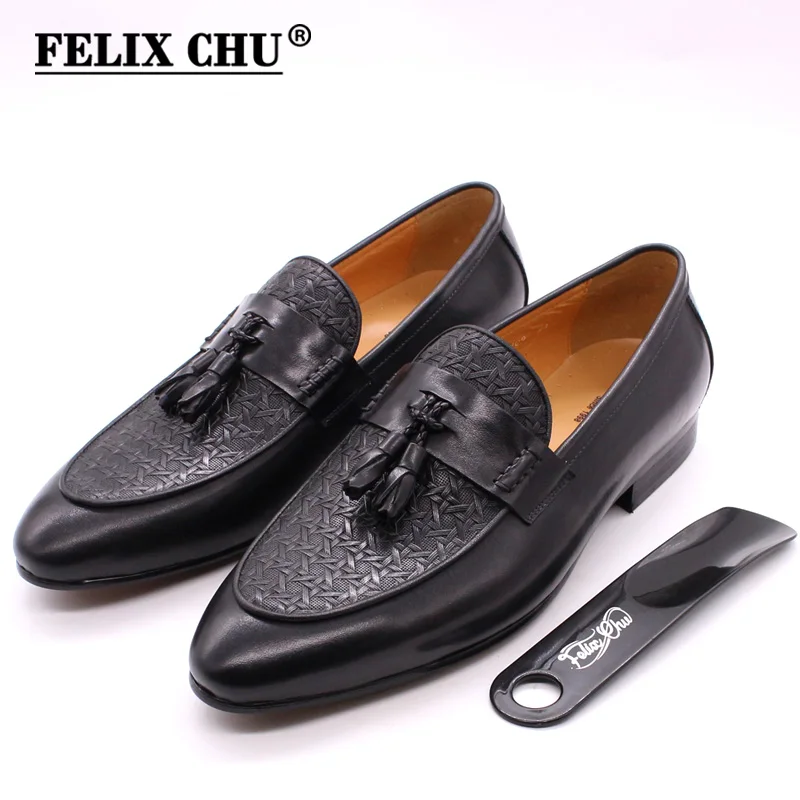 FELIX CHU Mens Tassel Loafers Genuine Leather Luxury Italian Fashion Slip on Dress Shoes Party Wedding Casual Shoes for Men