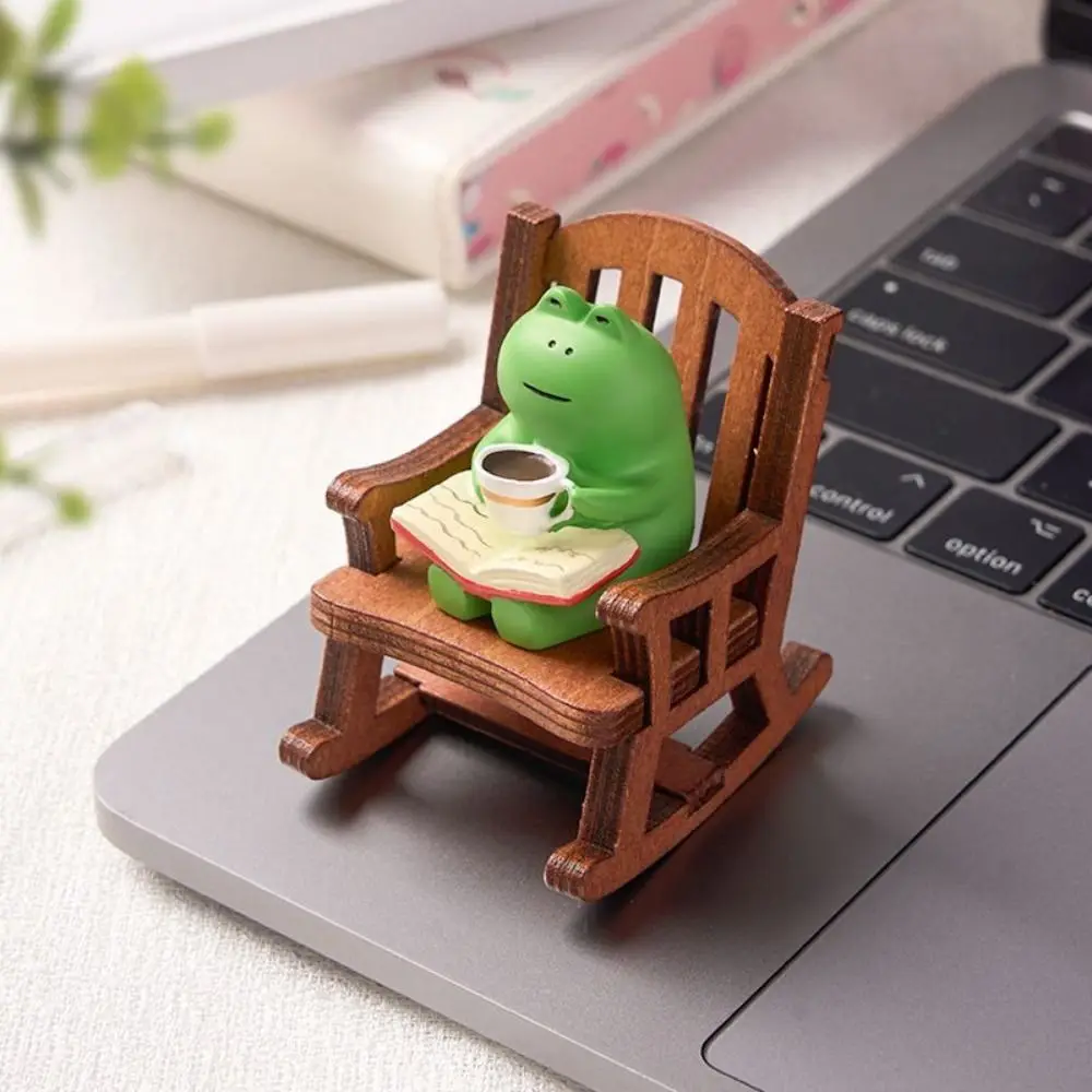 2PCs/set Cute Rocking Chair Frog Models Mini Cartoon Reading Frog Miniatures Handmade Small Chair Ornaments Birthday Decor