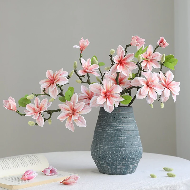 4 Heads Open Magnolia Artificial Flowers Simulation Magnolia Fake Flowers Wedding Decoration Home Bouquet Faux Flowers Branch