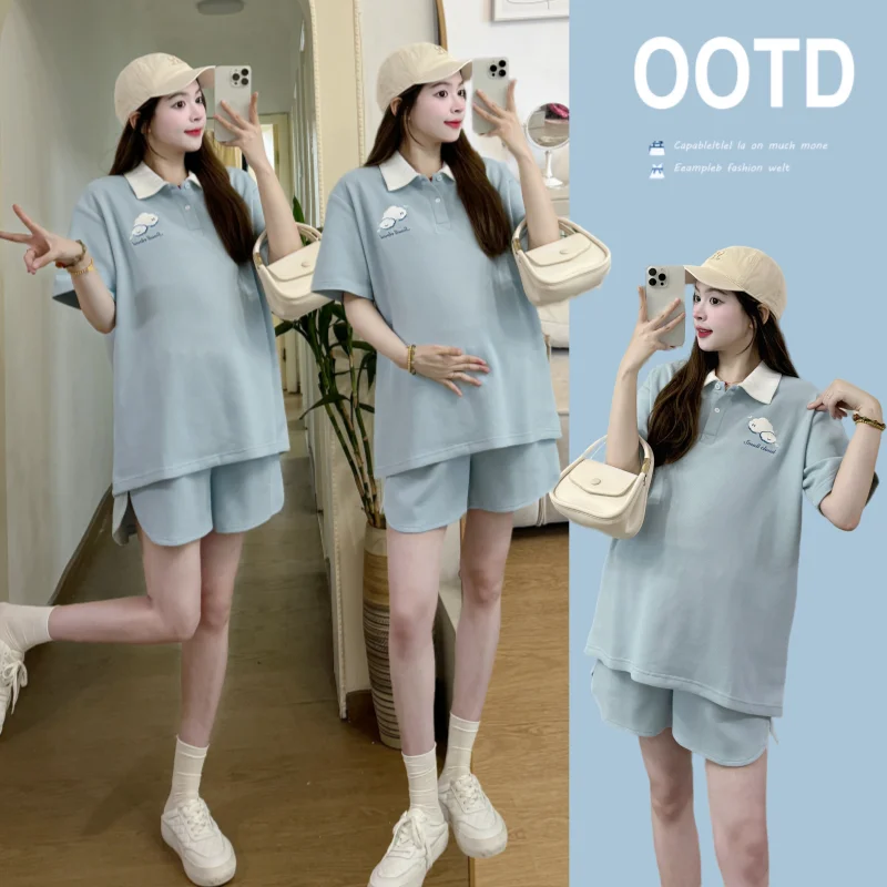 Summer Maternity Tees Suits Set Polo Shirt Belly Shorts Sports Casual Clothes for Pregnant Women During Pregnancy Hospital Wear