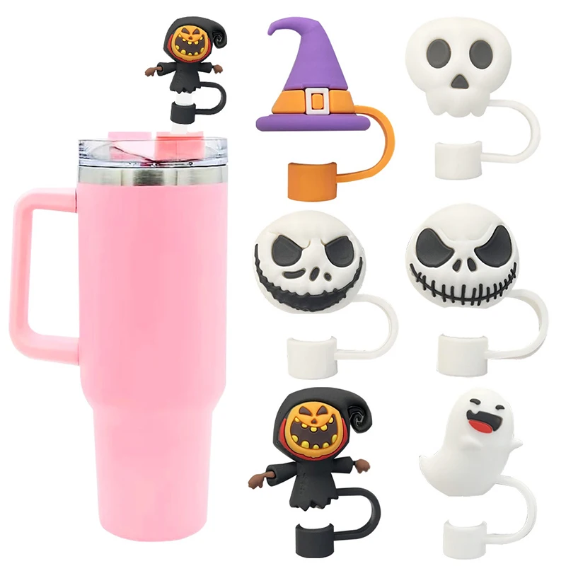 Creative Skull Ghost Straw Cap Cartoon Halloween Trick-Or-Treating Series Silicone Safety Soft Dust-proof Straw Cap Party Gift