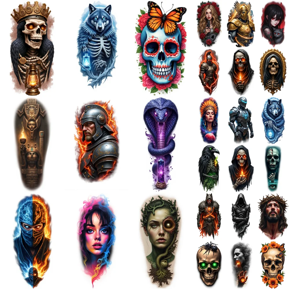 9 pièces tatouage temporaire coloré réalisme robot costume crâne autocollant pharaon masque pour épaules dos mâle