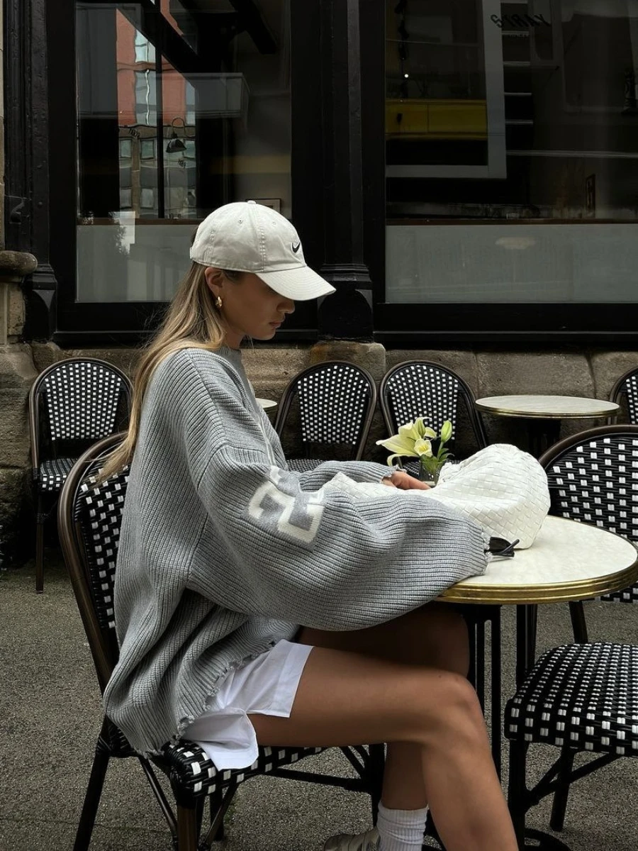 Blubelle Women's Autumn Winter New Letter Jacquard Lazy Style Pullover Sweater Gray Soft Loose Outerwear Versatile Knitwear