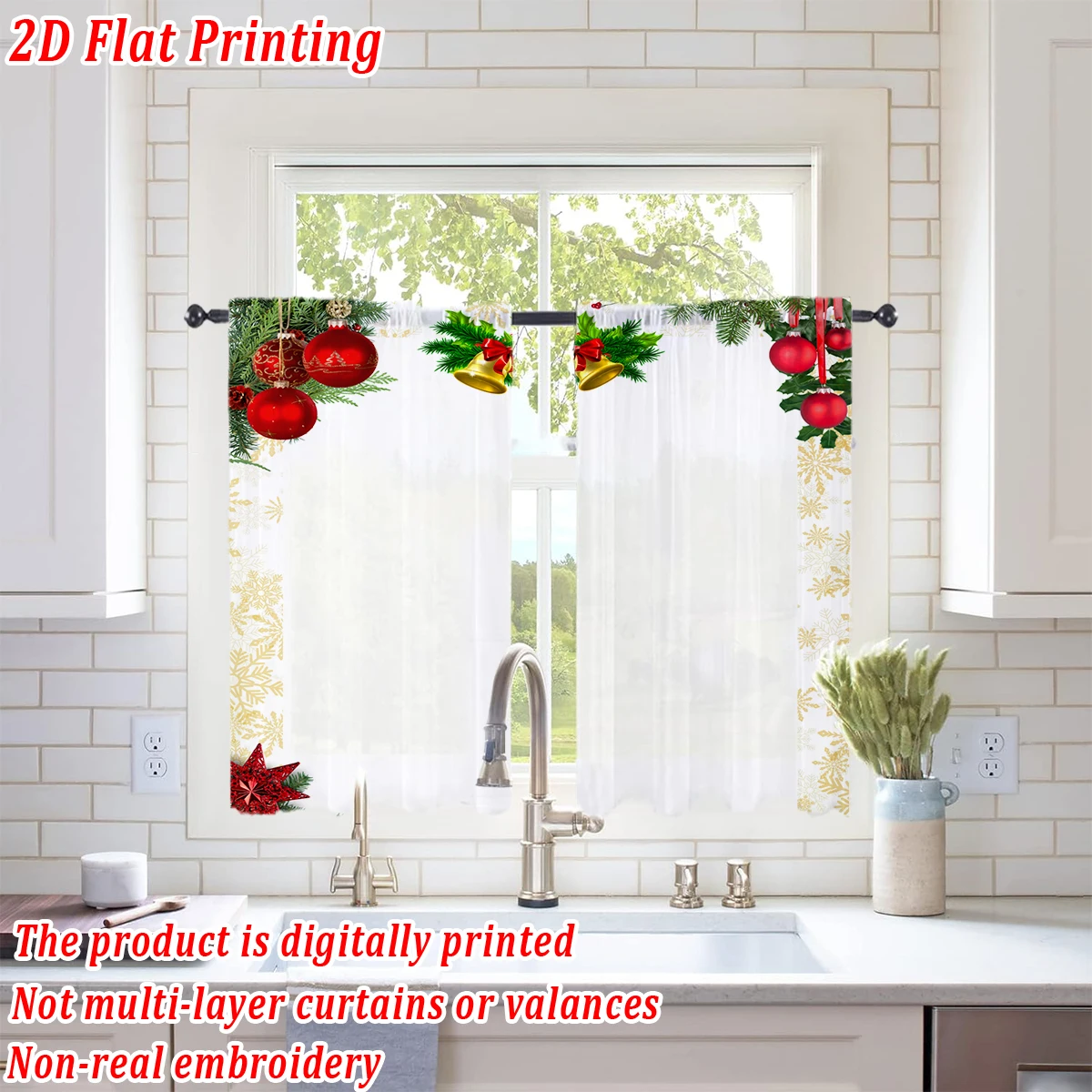 Christmas Flat Printing Kitchen Sheer Curtain with Merry Christmas Ball Bell Snowflake For Christmas Home Decor  Party