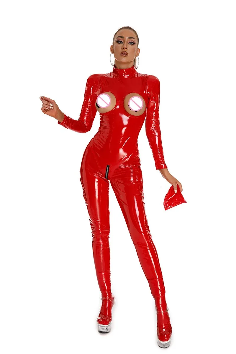 

Women's Fun catsuit Mirror PVC One Piece Tights PU Shiny Leather jumpsuit for nightclub stage costumes