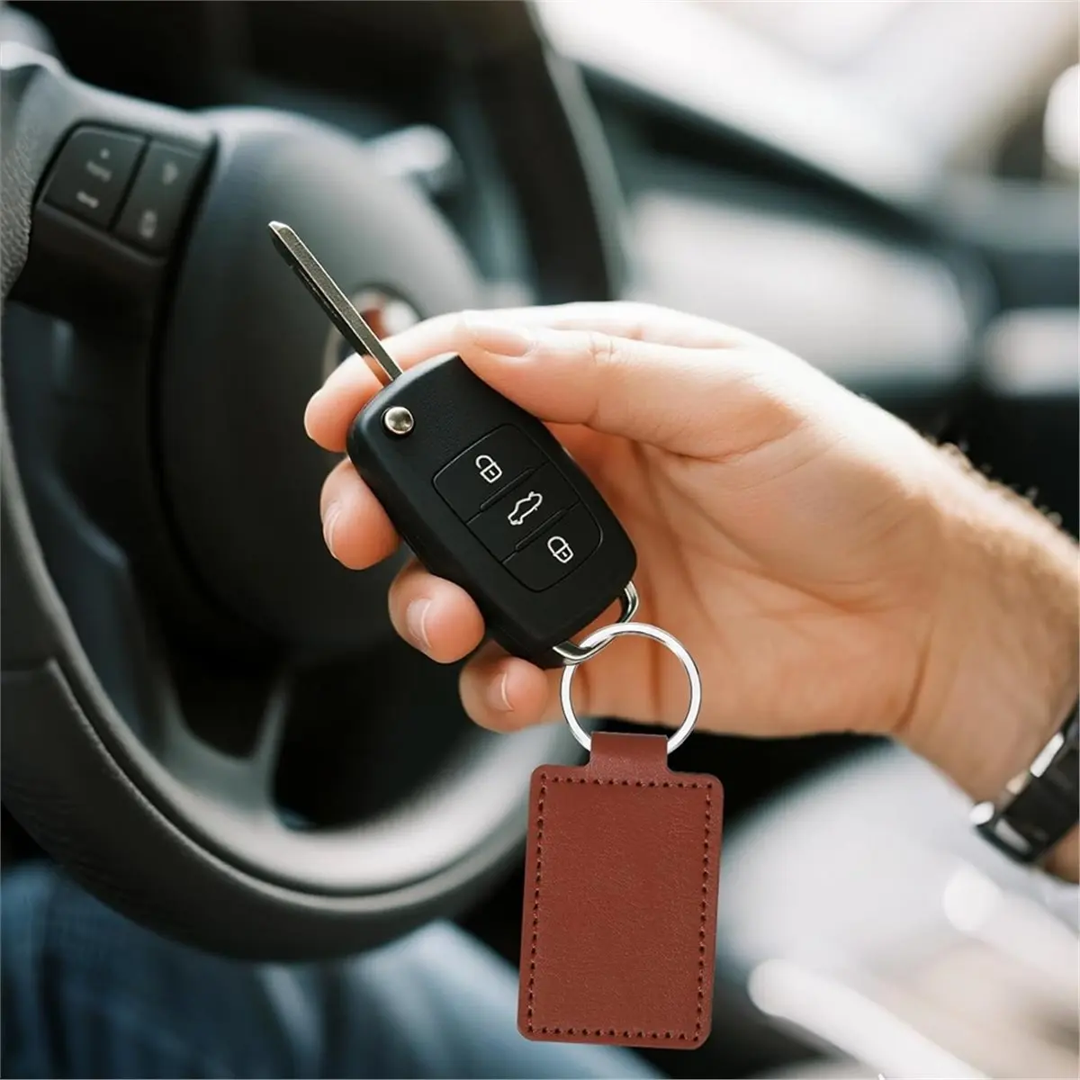 50pcs Leather Key Fob Kit PU Blanks with Rivets Key Ring Rectangular Leather Car Keychain Engraving Keychain