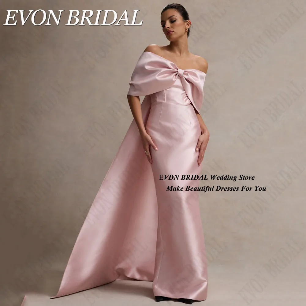 Evon bridal-パーソナライズされたピンクのサテンのイブニングドレス,裸の肩の弓,人魚のドレス,ケープ,背中の開いたドレス ピンクサテンの有名人イブニングドレス肩出しリボンマーメイド舞踏会ドレス開角露背法衣カスタム