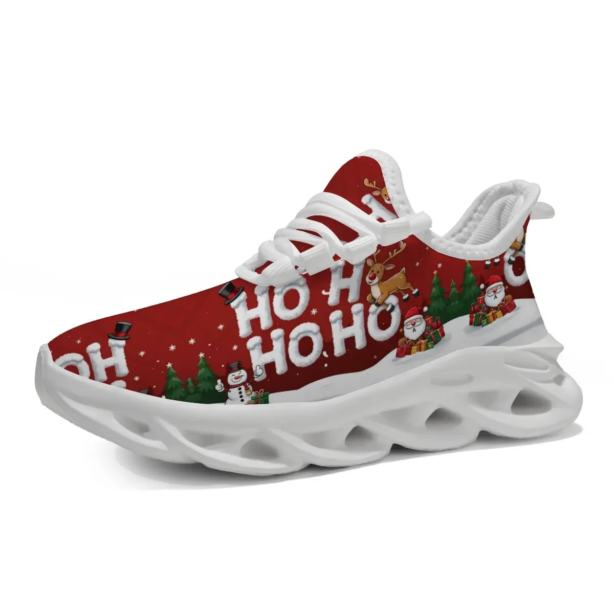 Nuevos zapatos deportivos informales para parejas con un patrón de diseño de dibujos animados navideños con punta redonda y zapatos planos tejidos ligeros