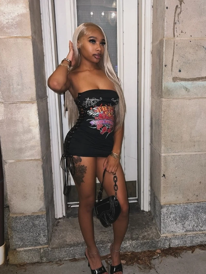 STYLISH LADY Lace Up Harajuku Printed Dress 2025 Summer Women Strapless Bodycon Sexy Club Party Hip Hop Mini Vestidos De Festa