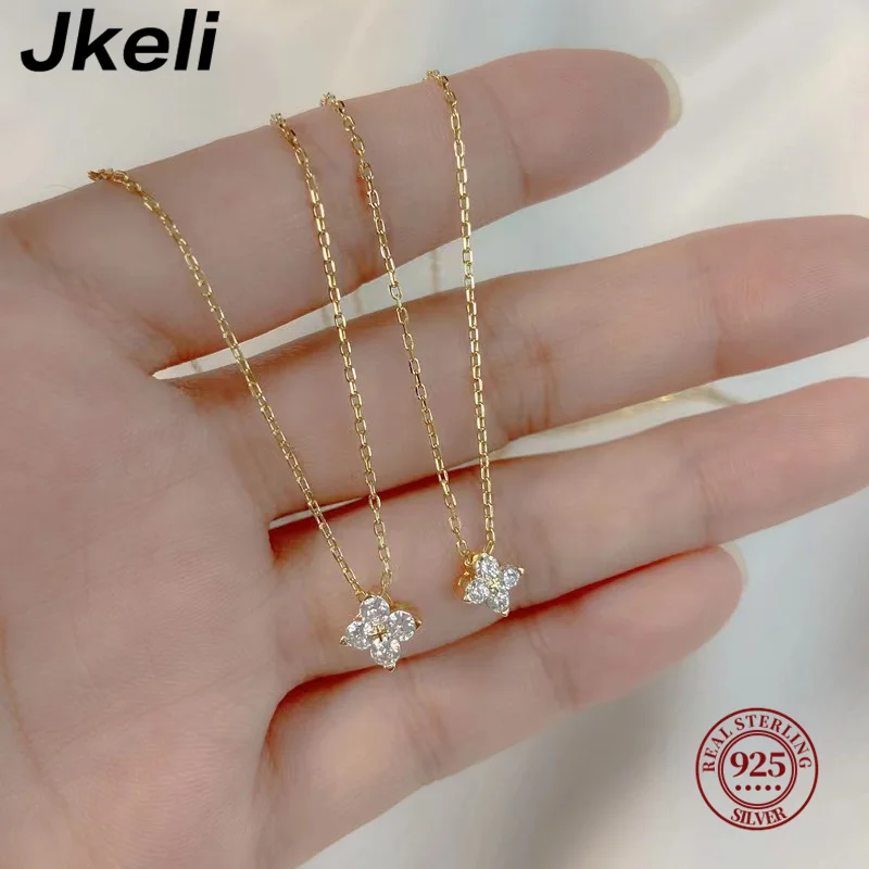 Jkeli 100% 925 Sterling Silver Super Flash Four Zircon Necklace for Women Simple INS Gold Silver color Clavicle Chain Jewelry