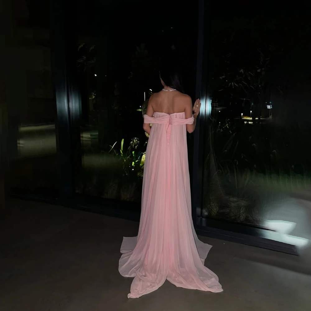 فستان سهرة وردي بدون أكتاف مطرز على شكل حرف A من الشيفون فساتين سهرة طويلة بدون ظهر للحفلات الرسمية في دبي حسب الطلب #6